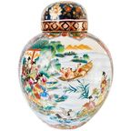 Vintage Xl Chinese Gemberpot Geisha’s Bloemen Blauw Goud thumbnail 2