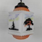 Art Deco Hanglamp Met Glazen Kap Met Natuur-Taferelen, Jaren 30 thumbnail 18