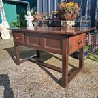 Oude Robuuste Franse Tafel, Sidetable Met 2 Lades Afm. 135X6 thumbnail 3