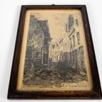 Gravure - België - 'Bruges La Rue Des Poitiers - Eiken Lijstje - Origineel - 19E Eeuw thumbnail 4