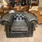 Stoere Engelse Chesterfield Vintage Club Fauteuil Zwart Generfd Leer thumbnail 5