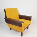 Vintage Gele Fauteuil Okergele Teddy Stof Bruin Skai thumbnail 3