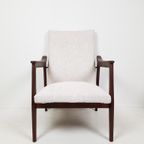 Vintage Teak Houten Fauteuil Creme Beige Stof Nieuwe Stof thumbnail 10