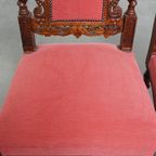 Leuke Antieke Set Van 6 Hollandse Eetkamerstoelen Met Mooi Houtsnijwerk En Rode Stoffen Bekleding thumbnail 6