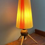 Table Lamp In Yellow And Red Ribbon, Wood Tripod Base 1950S. thumbnail 4