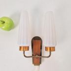 Vintage Wandlamp Deens Teak Hout Messing Melkglas ‘60 thumbnail 10