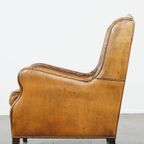 Comfortabele En Cognac-Kleurige Vintage Schapenleren Fauteuil Met Een Hoge Rug thumbnail 6