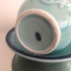 Prachtige Vintage Japanse Melkkannetje Met Schotel In Blauw Turquoise thumbnail 8