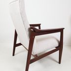 Vintage Teak Houten Fauteuil Creme Beige Stof Nieuwe Stof thumbnail 7