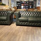 Gave Chesterfield Bankstel 3+2 Zits Bank In Antiek Groen Leer Brand thumbnail 5