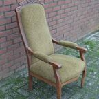 Antieke Eiken Armfauteuil Met Groene Stoffering thumbnail 2