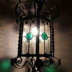 Antieke Smeedijzeren En Glas-In-Lood Lantaarn Hallamp, Frankrijk 1900 thumbnail 10