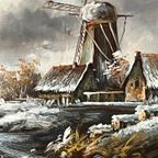 Gesigneerd Schilderij "winterschaatsen". thumbnail 4