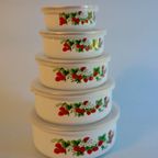 Vintage Strawberry Enamel Food Storage Bowls Containers With Plastic Lid Stackable thumbnail 6