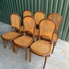 Set/6 Art Deco Webbing Stoelen Met Hout Snijwerk thumbnail 3