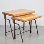 2 Brutalist Bijzettafel Nesting Tables Mimiset Eiken Metaal thumbnail 2