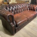 Engelse Chesterfield 3 Zits Bank Rood Bruin Gevlamd Leer High Back thumbnail 5