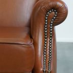 Stijlvolle En In Correcte Staat Verkerende Cognac Kleurige Rundleren Oorfauteuil In Engelse Stijl thumbnail 3