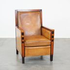 In Goede Staat Verkerende Schapenleren En Houten Fauteuil Met Een Mooi, Strak Art Deco Design thumbnail 2