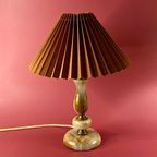 Prachtige Vintage Onyx En Messing Lamp Met Nieuw Bruin Plissé Kapje | Kerst thumbnail 4