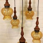 Vintage Grote Cascade Hanglamp Met 5 Glas En Hout Lampen thumbnail 4