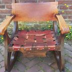 Vintage Brutalist Rocking Chair, Schommelstoel Met Tuigleer thumbnail 8