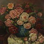 Groot Bloemen Stilleven Schilderij Rozen Boeket Gesigneerd R. Blanlin thumbnail 16