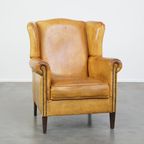 Charmante, Comfortabele, Licht Gekleurde Vintage Engelse Stijl Rundleren Oorfauteuil thumbnail 2