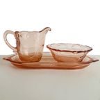 Art Deco Roze Glas Roomstel Met Serveerblad 1930’s thumbnail 2