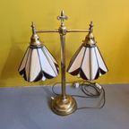 Oude Messing Bureau Lamp Met Glas In Lood. thumbnail 4