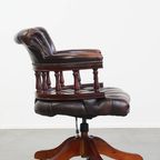 Donkerbruine In Hoogte Verstelbare Rundleren En Houten Chesterfield Bureaustoel Op Wieltjes thumbnail 3