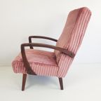 Vintage Teakhouten Fauteuil Roze Rib Nieuw Gestoffeerd thumbnail 7