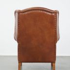 In Goede Staat Verkerende, Grote Cognac-kleurige Rundleren Oorfauteuil In Engelse Stijl thumbnail 5