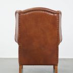 In Goede Staat Verkerende, Grote Cognac-Kleurige Rundleren Oorfauteuil In Engelse Stijl thumbnail 5