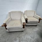 Vintage Fauteuil Met Houten Details, Velour - Ruitjespatroon thumbnail 6