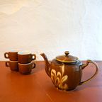 Mid Century Psychedelic Marbled Bruin And White Teapot Set With 4 Small Teacups thumbnail 8