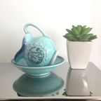 Prachtige Vintage Japanse Melkkannetje Met Schotel In Blauw Turquoise thumbnail 3