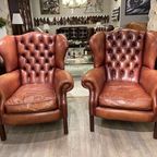 2 X Engelse Bendic Chesterfield Oorfauteuils In Cognac Bruin thumbnail 4