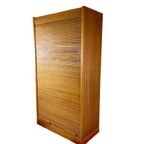 Vintage Teak Tambour Office Cabinet | Roldeurkast Hout Lades thumbnail 2