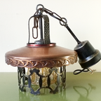 Vintage Brutalist Hanglamp Gehamerd Metaal Amberkleurig Glas Koperen Kap thumbnail 4