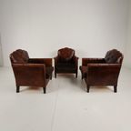 Prachtige Set Van 3 Leren Clubstoelen – Jaren 30 Schapenvacht thumbnail 3