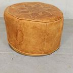 Vintage Leren Cognac Poef Ottoman, Rond thumbnail 7