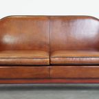 Unieke En Complete Set Van Twee Cognac Kleurige, Schapenleren Art Deco Fauteuils En Bank thumbnail 3