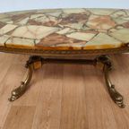 Vintage Ovale Messing Salontafel Koffietafel Met Marmer Blad thumbnail 12