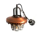 Vintage Smeedijzere Lamp Met Prachtig Amber Glas En Koperen Kap, Jaren '50/'60 thumbnail 3