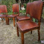 Set Van 6 Eiken Art Deco Eetkamerstoelen In Bruin Leer thumbnail 21