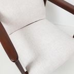 Vintage Teakhouten Fauteuil Crème Beige Stof Nieuw thumbnail 8