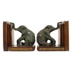 Vintage Koppel Boekensteunen Olifant Gepatineerd Brons Hout Leder thumbnail 5
