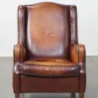Prachtig Gekleurde, Stoere Vintage Schapenleren Fauteuil Met Een Hoge Rug En Afgewerkt Met Zwarte thumbnail 4