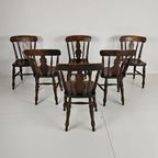 Set Van 6 Engelse Antieke Boerderij Eetkamerstoelen - 19E-Eeuwse Bullseye-Rug thumbnail 11